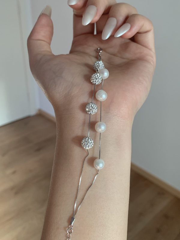 S925 sterling silver French double diamond ball natural freshwater pearl bracelet