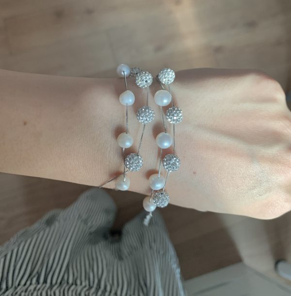 S925 sterling silver French double diamond ball natural freshwater pearl bracelet