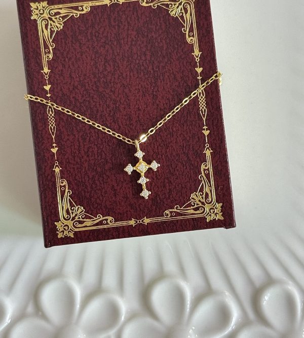 S925 sterling silver plated with 14K gold mini cross necklace