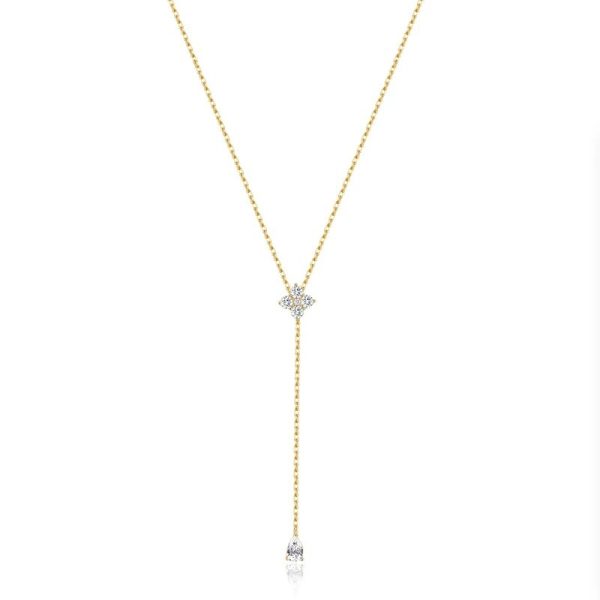 S925 sterling silver plated with 14K gold four-leaf clover and diamond stacking Y necklace